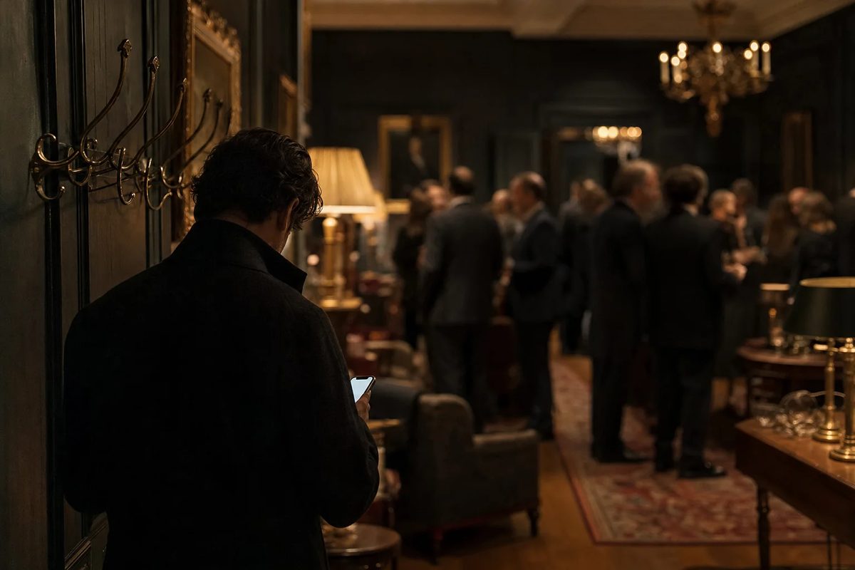 A man seen from behind at the edge of a crowded, lamplit room, standing by the coat hooks in his overcoat, looking down at his phone.