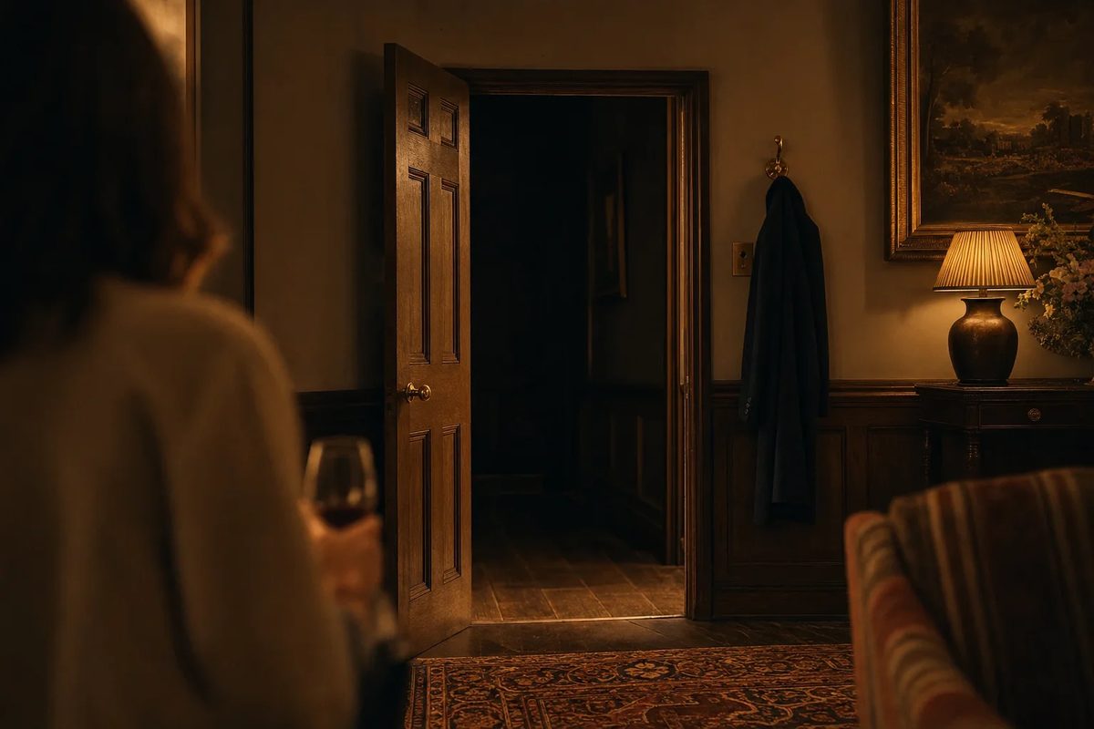 The same door seen from inside the lit room: an overcoat on the hook beside it, and a guest with a glass of wine in the near foreground, seen from behind.