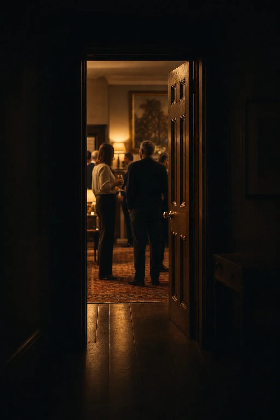 Seen from a dark hallway, an open panelled door gives onto a lamplit room where a man and a woman stand talking, their backs to us.