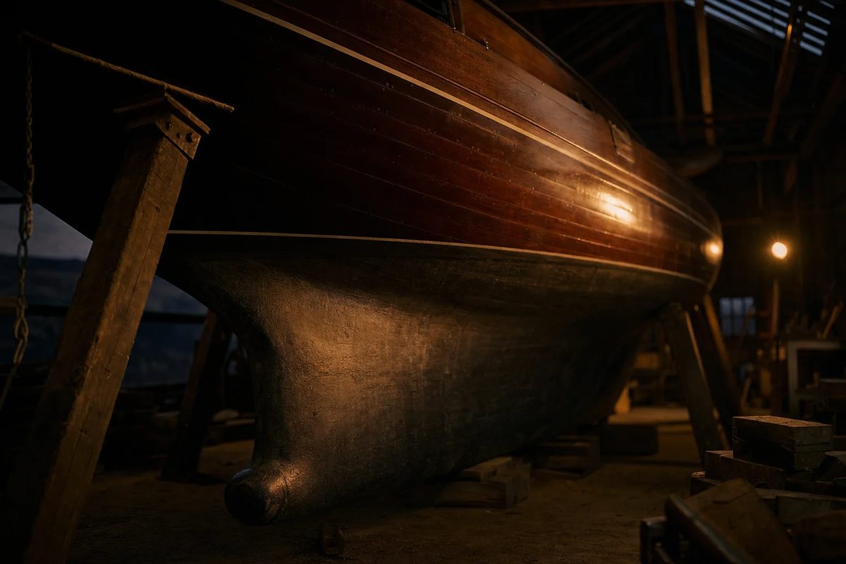 A wooden yacht propped on stands in a dim boatyard shed, its heavy keel exposed beneath the hull.