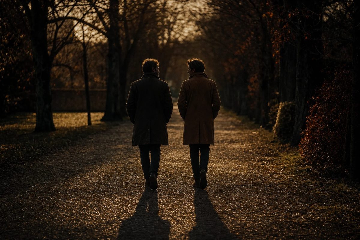 Two friends in overcoats, seen from behind, walking in step down a tree-lined path in low evening light.