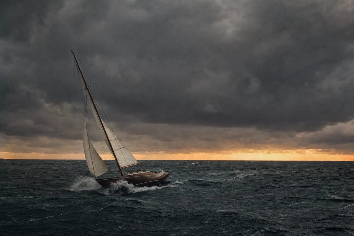 A small wooden yacht heeled hard over in a dark sea, sailing towards a band of gold light on the horizon.