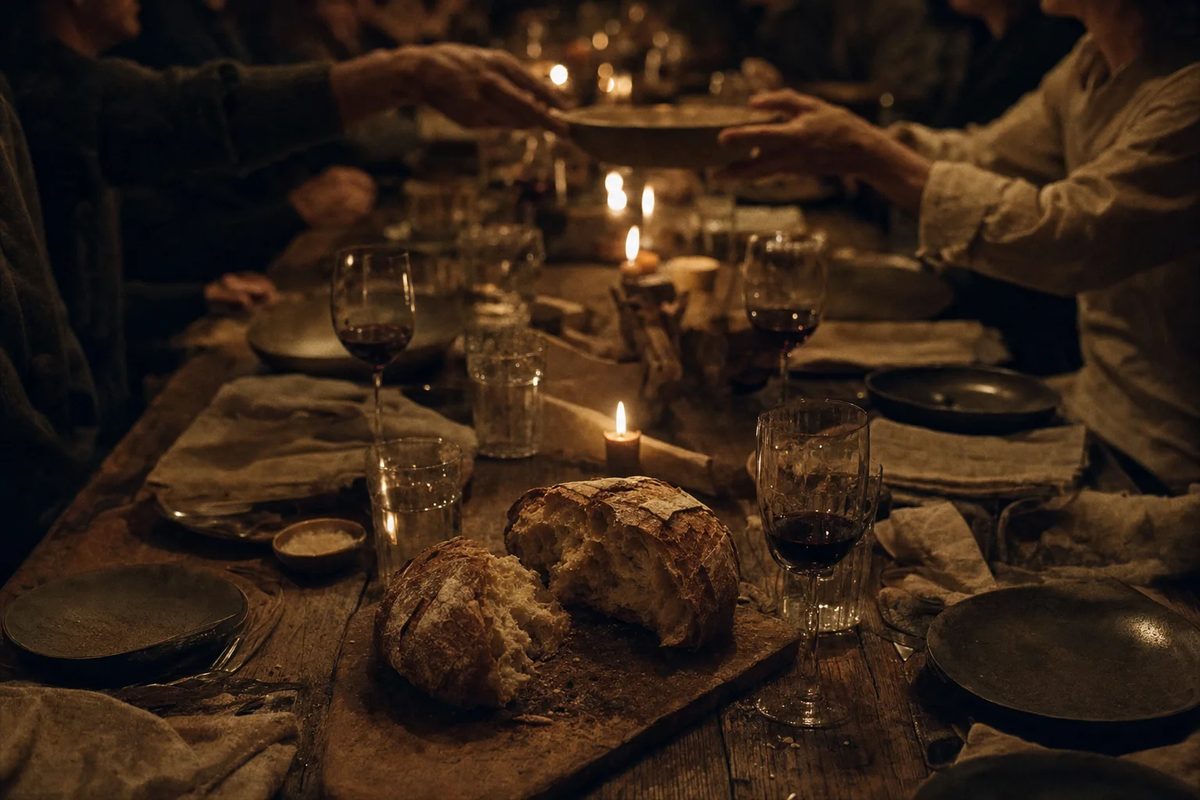 A long candlelit table: a torn loaf on a board in the foreground, hands passing a dish across.