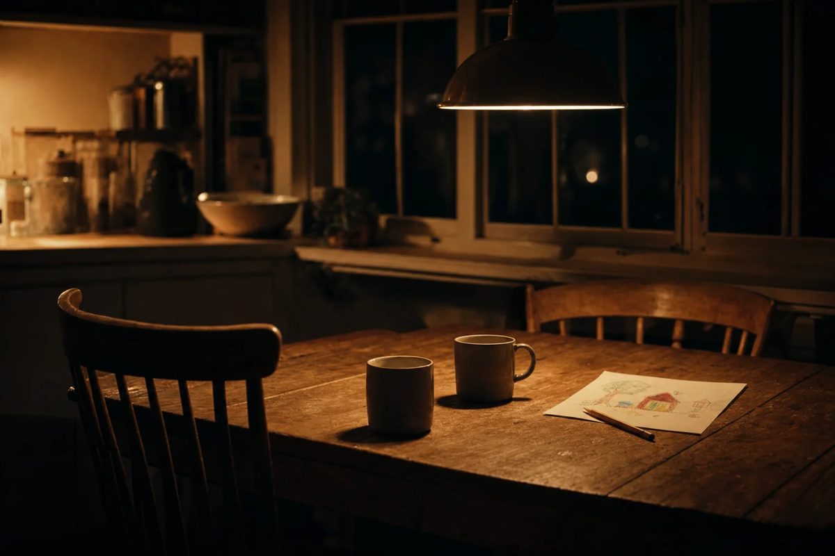 A kitchen table at home at night under one lamp: two mugs, and a child's crayon drawing of a house.