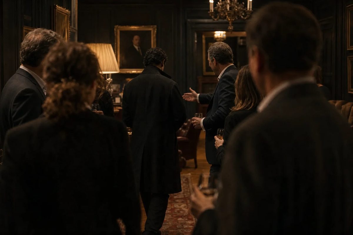 The same man in his overcoat, seen from behind, walking into a ring of guests as one of them turns and holds out an open hand.
