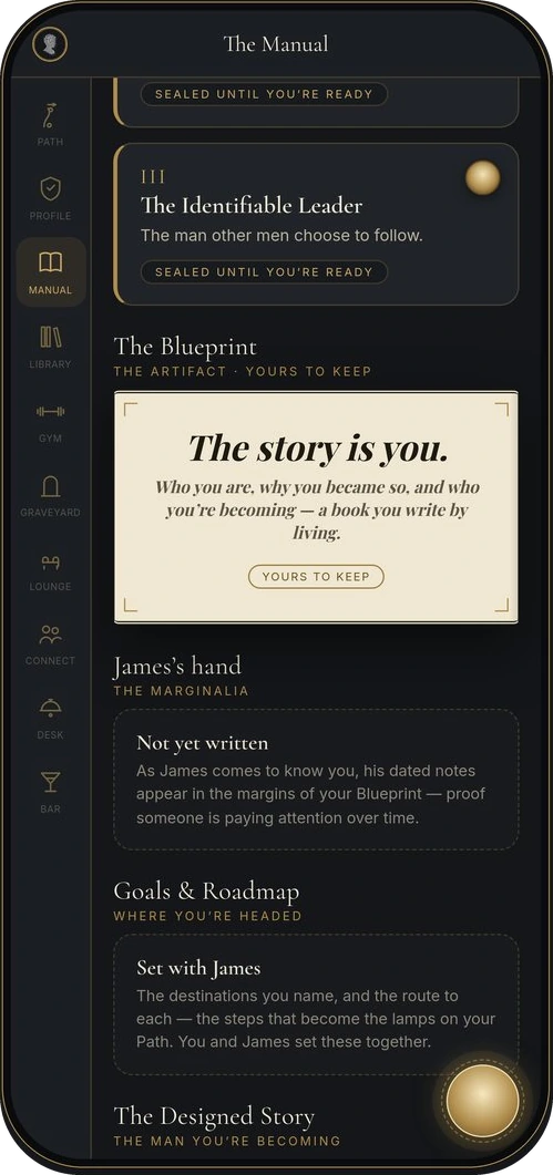 A phone showing the Manual room in the app — the Blueprint's stages, sealed until each is ready.