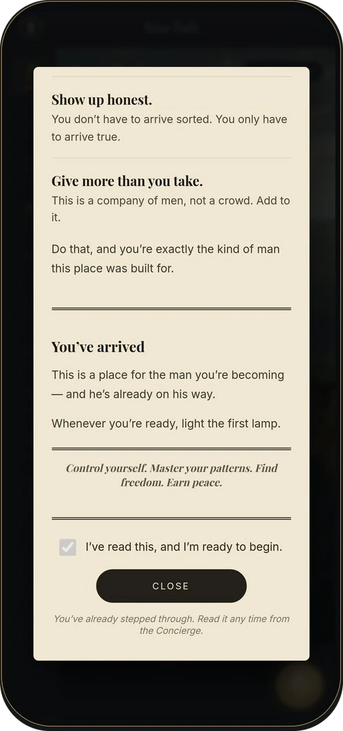 A phone showing the signed induction record in the app — the first promise, kept in writing.