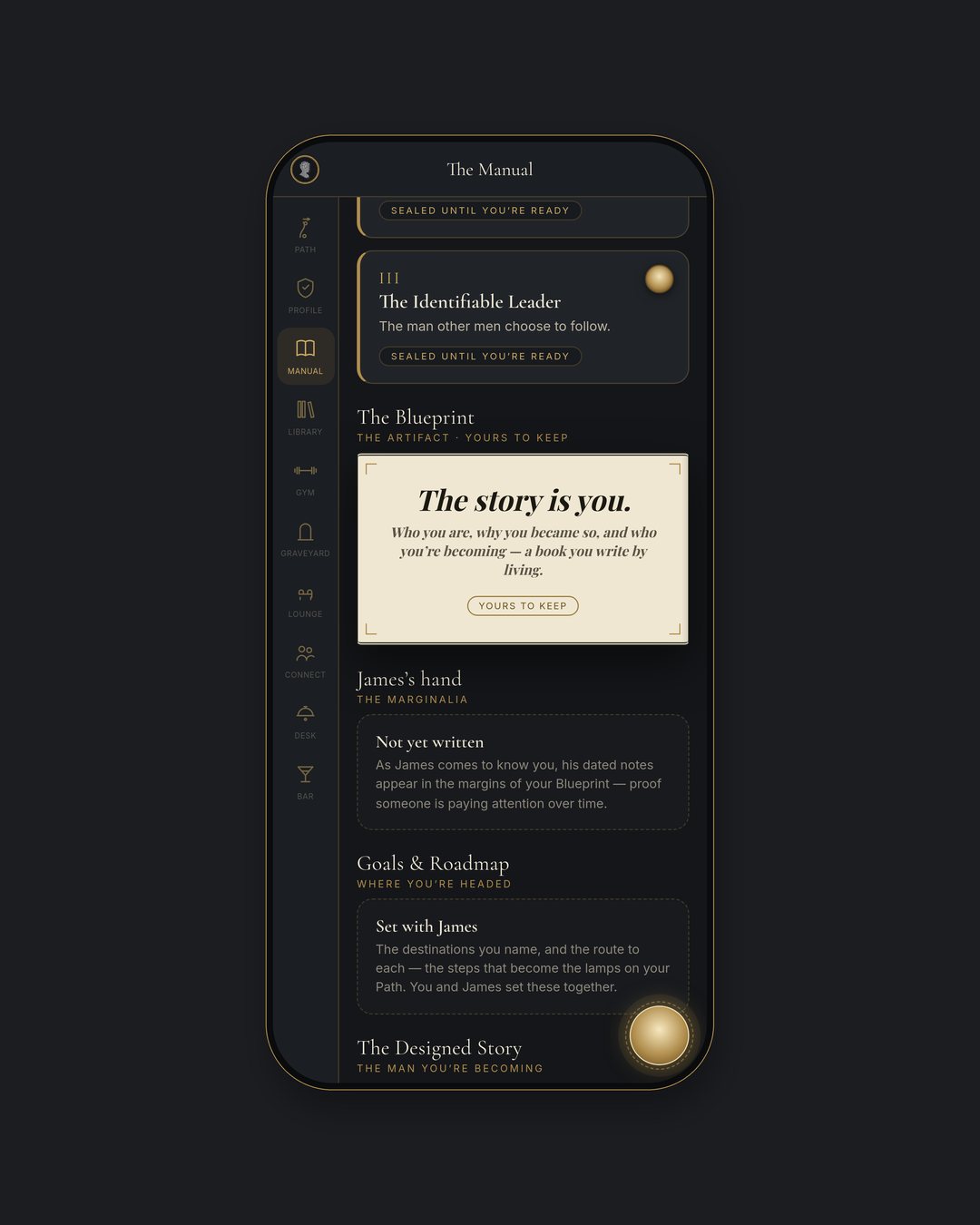 A phone showing the Manual room in the app — the Blueprint's stages, sealed until each is ready.