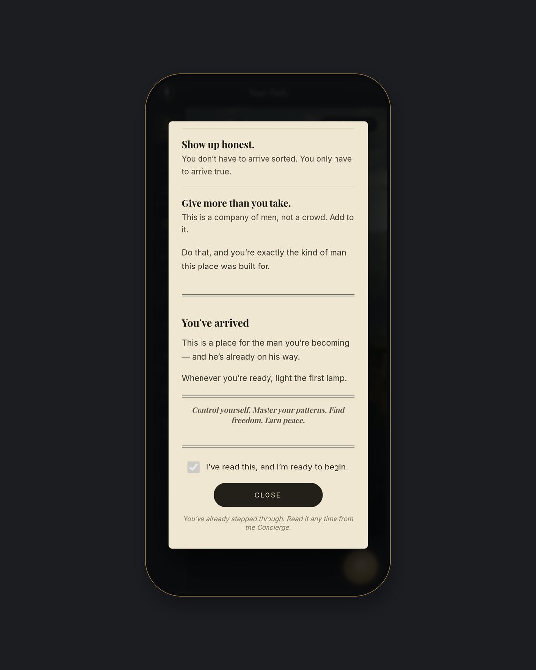 A phone showing the signed induction record in the app — the first promise, kept in writing.
