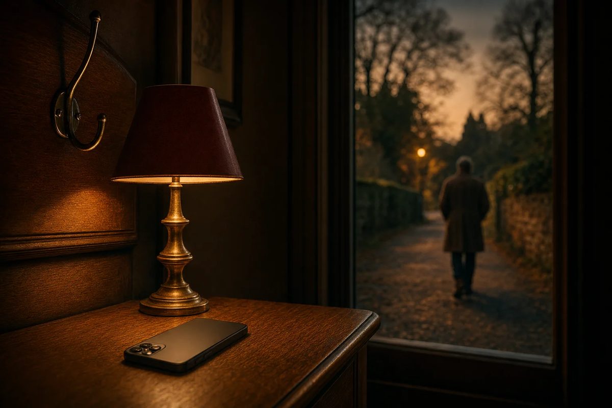 A phone left face down on an oak hall table under a brass lamp. Through the window beyond, a man seen from behind walks away along a lane at dusk.