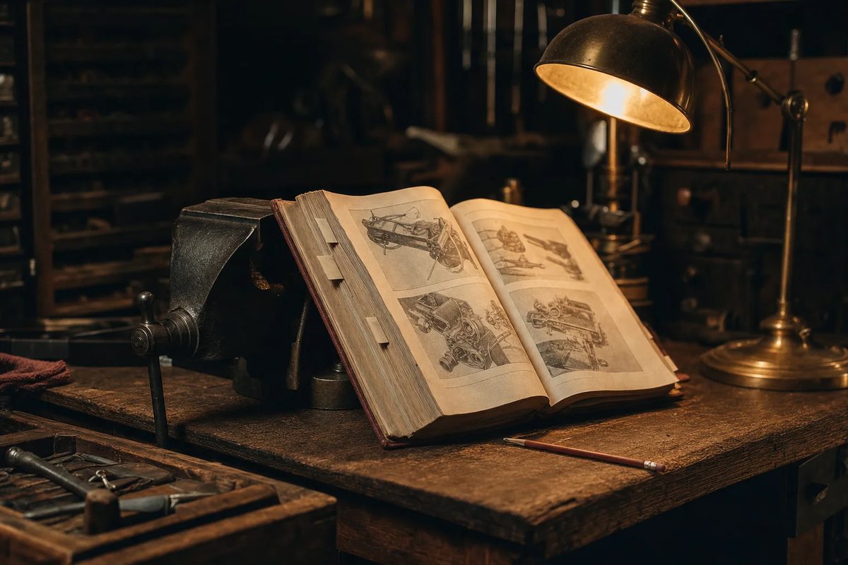 A well-thumbed workshop manual propped open against a vice on an oak workbench under a brass lamp, paper slips marking its pages.
