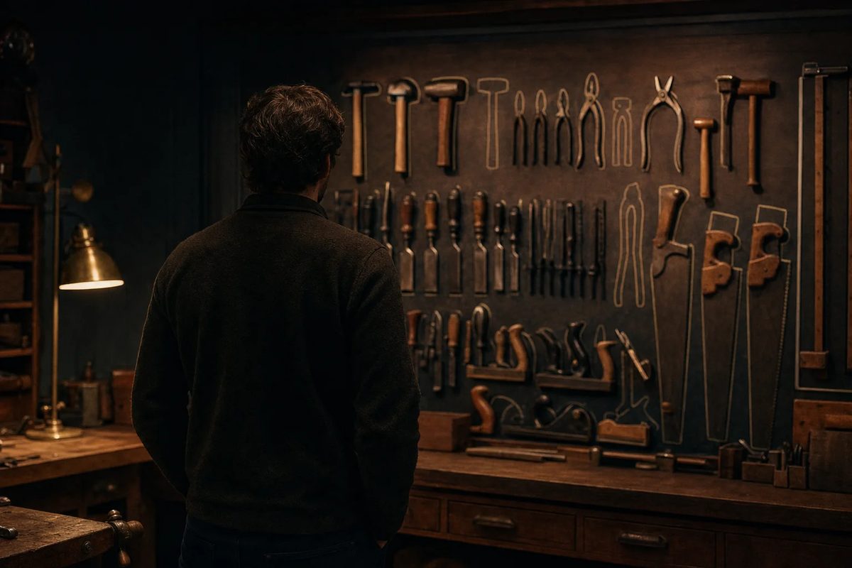 A lamplit workshop wall of hand tools, each hung in its place on a painted outline, with one outline left empty, and a man in soft focus, seen from behind, standing in front of it.