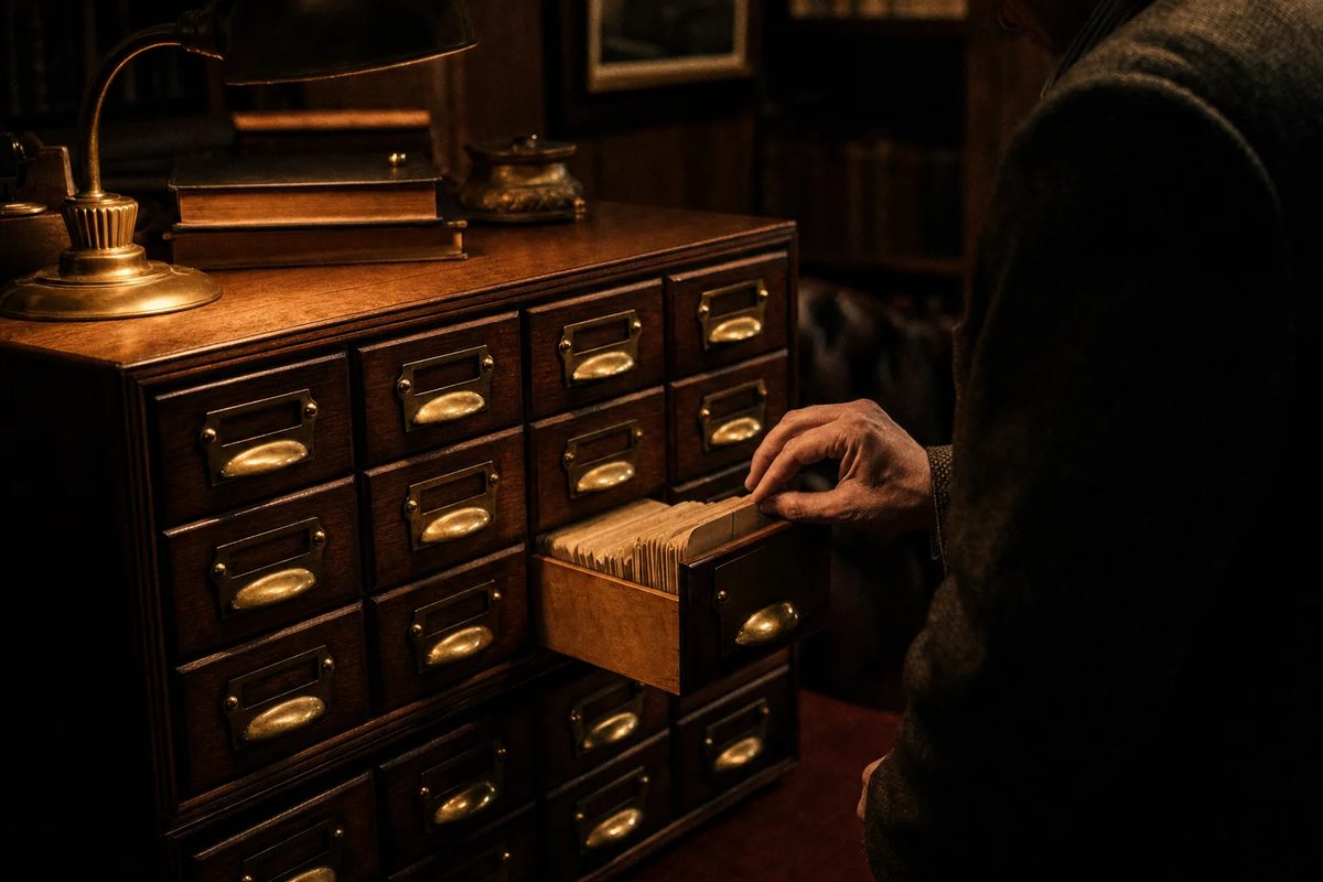 An old oak card-index cabinet of fifteen small brass-handled drawers in amber lamplight, one drawer open on a row of handwritten cards.