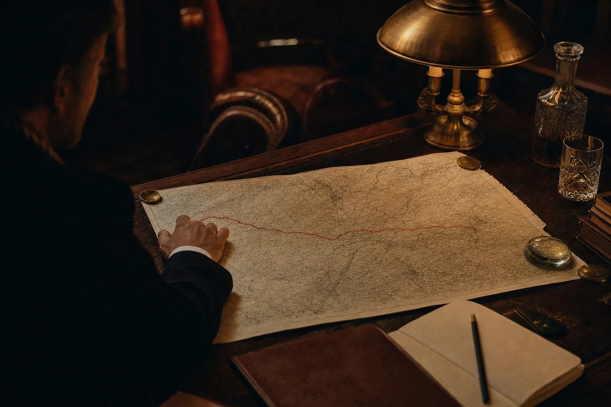 A large map unrolled on a dark oak table under a brass lamp, one route drawn across it in red pencil, a man's hand resting at the start of the line.