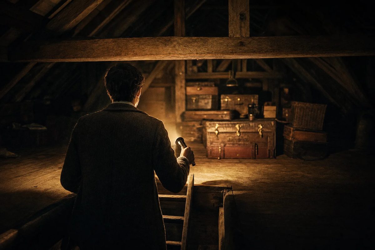 A man seen from behind at the top of a loft ladder, his torch beam falling across old trunks and boxes under dark oak beams.