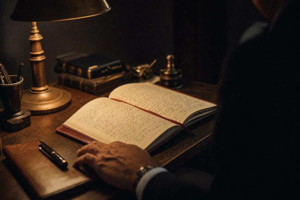 A thick oxblood leather book open on a dark oak table under a brass lamp, its handwritten pages in soft focus, a man's hand resting on the edge.