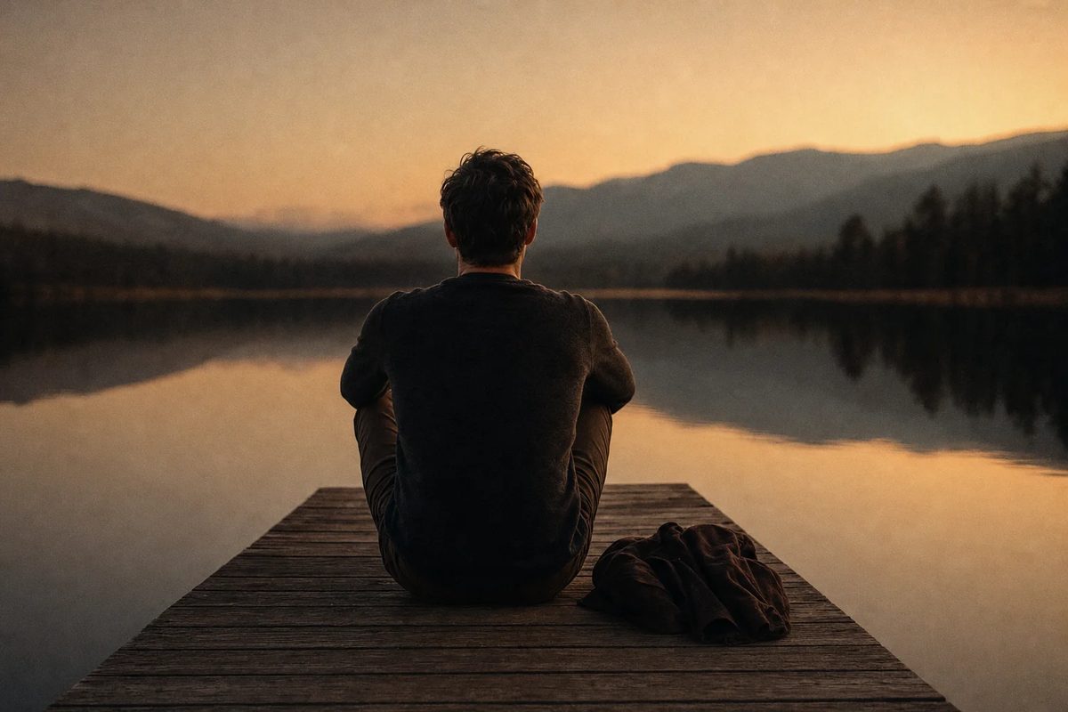 A man seen from behind at the end of a wooden jetty over a still, dark lake in the last amber light, his jacket folded beside him.