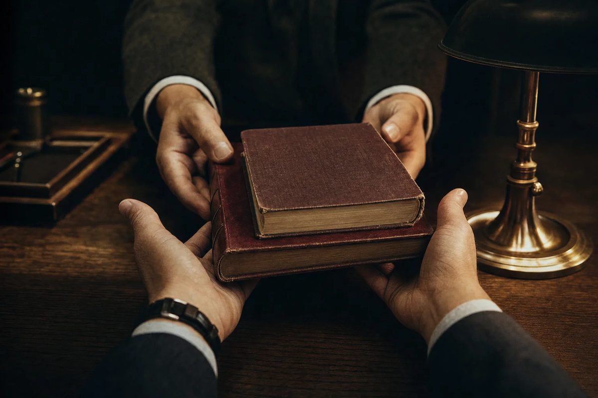 A man's open hands across a lamplit oak table, receiving two volumes together: an oxblood leather book and a well-thumbed manual.