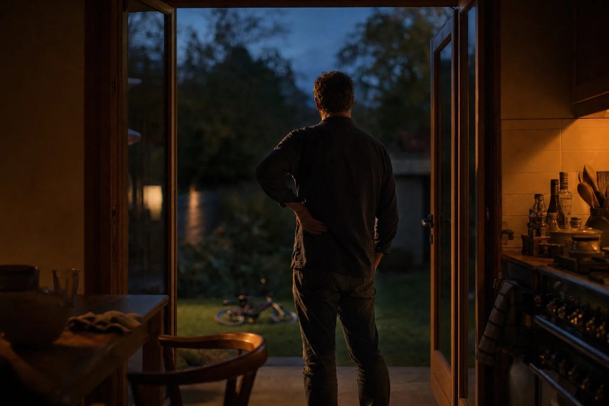 A man seen from behind in the open back doorway of a house at dusk, one hand on his hip, looking out at a garden where a small bike lies on the grass.