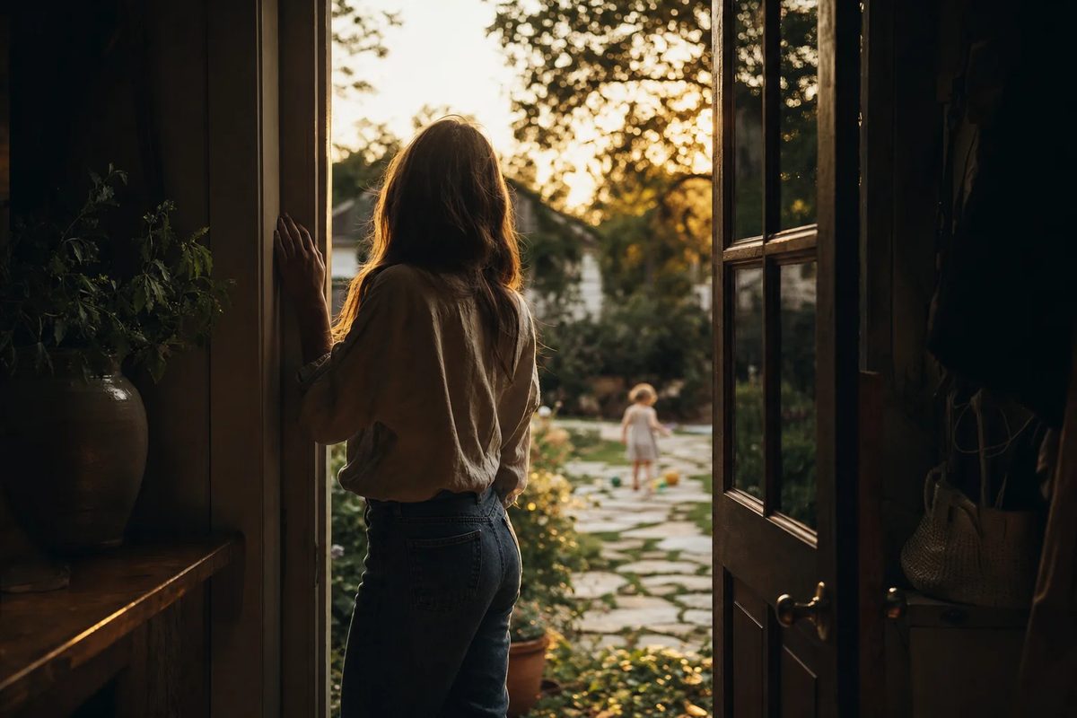 Years on, another back door in evening light. A young woman seen from behind, one hand on the frame, and a small child in soft focus on the path outside.