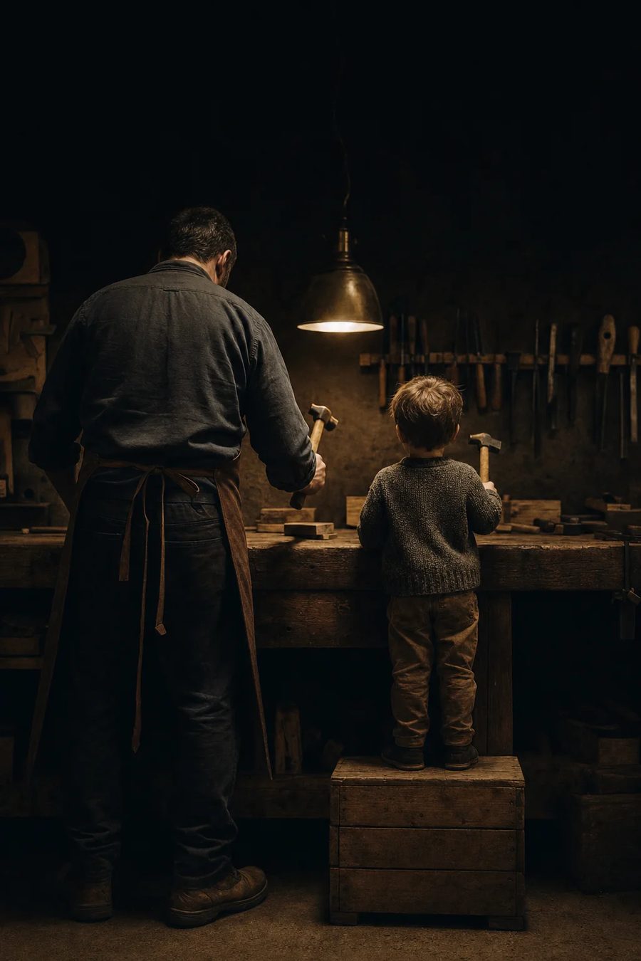 A man and a small child seen from behind at an oak workbench under one brass lamp, the child on a crate, holding a small hammer the way he holds his.