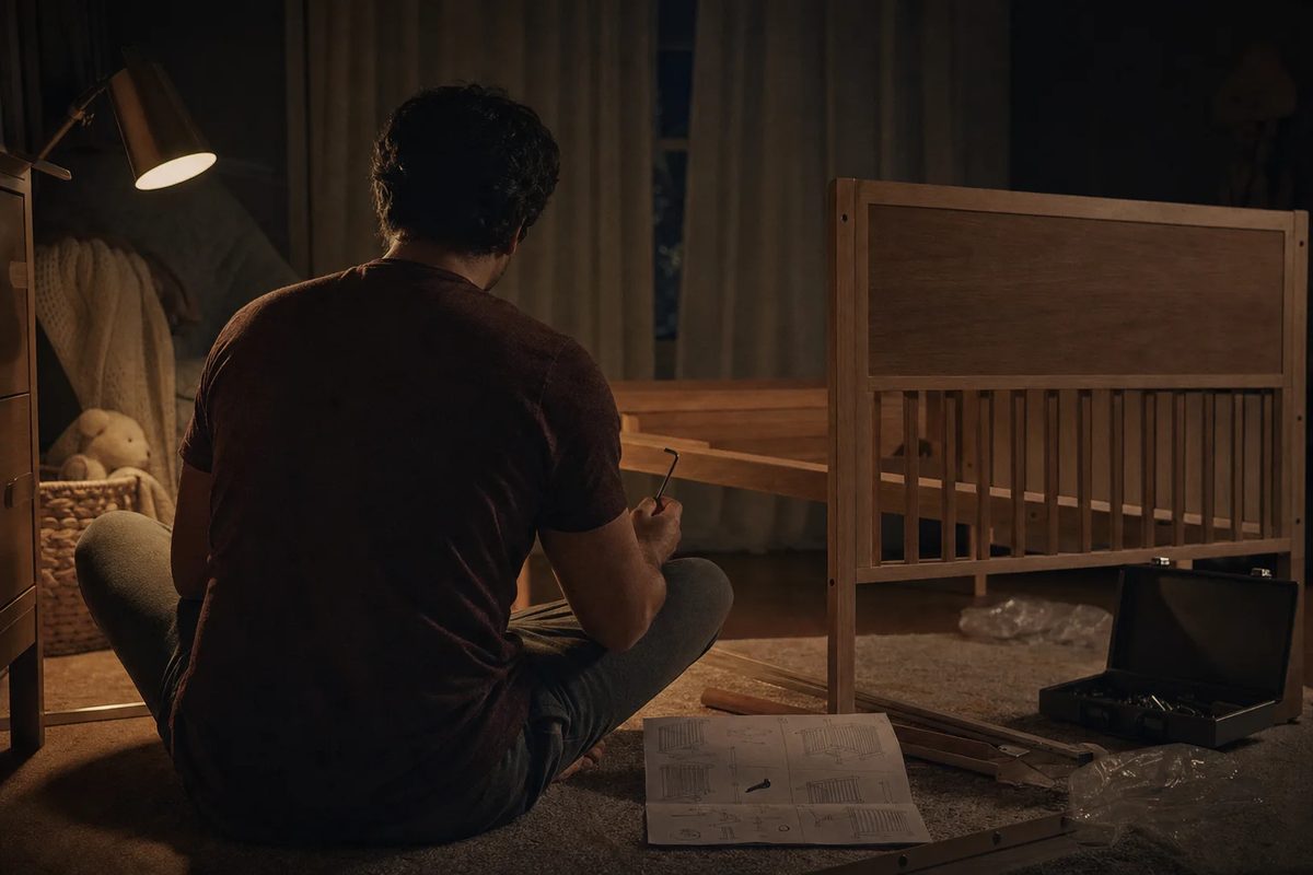A man seen from behind, sitting on the floor of a dim room beside a half-built cot under one lamp, an Allen key in his hand and one screw left over.