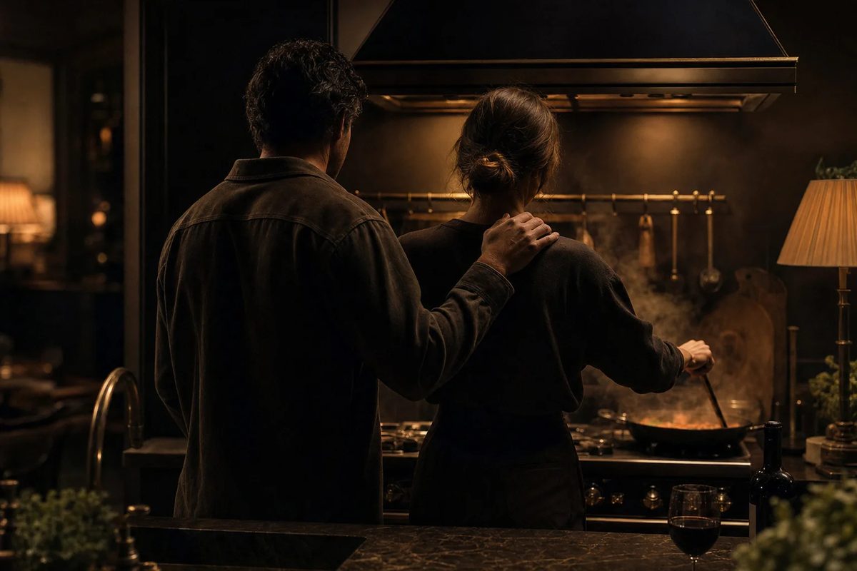 A kitchen at night, seen from behind. A man rests his hand on a woman's shoulder as she stirs a pan, steam rising in the lamplight.