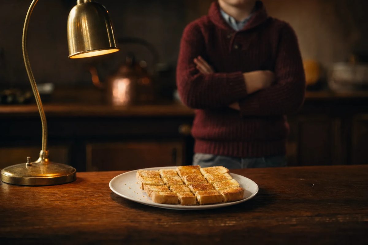 A plate of toast cut into squares on a dark oak worktop under a brass lamp. Beyond it, in soft focus, a small child with folded arms.