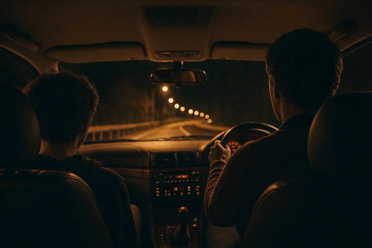 From the back seat of a car at night, a father driving and a teenager beside him, both seen from behind, amber street lamps ahead on a winding road.