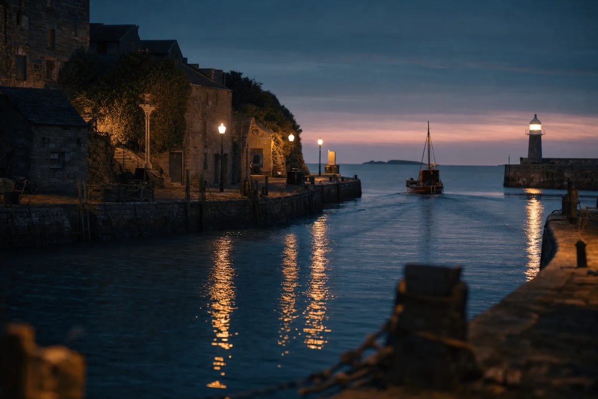 A small stone harbour at dusk, lamps lit along the quay, and one small boat heading out past the harbour light.
