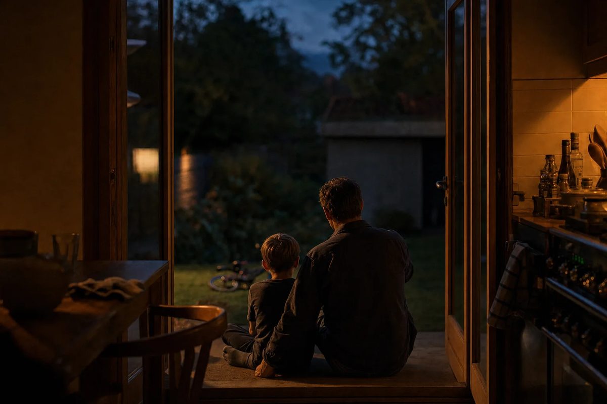 The same back door, later. The man sits on the step with a small child beside him, both seen from behind, the child wearing one shoe.