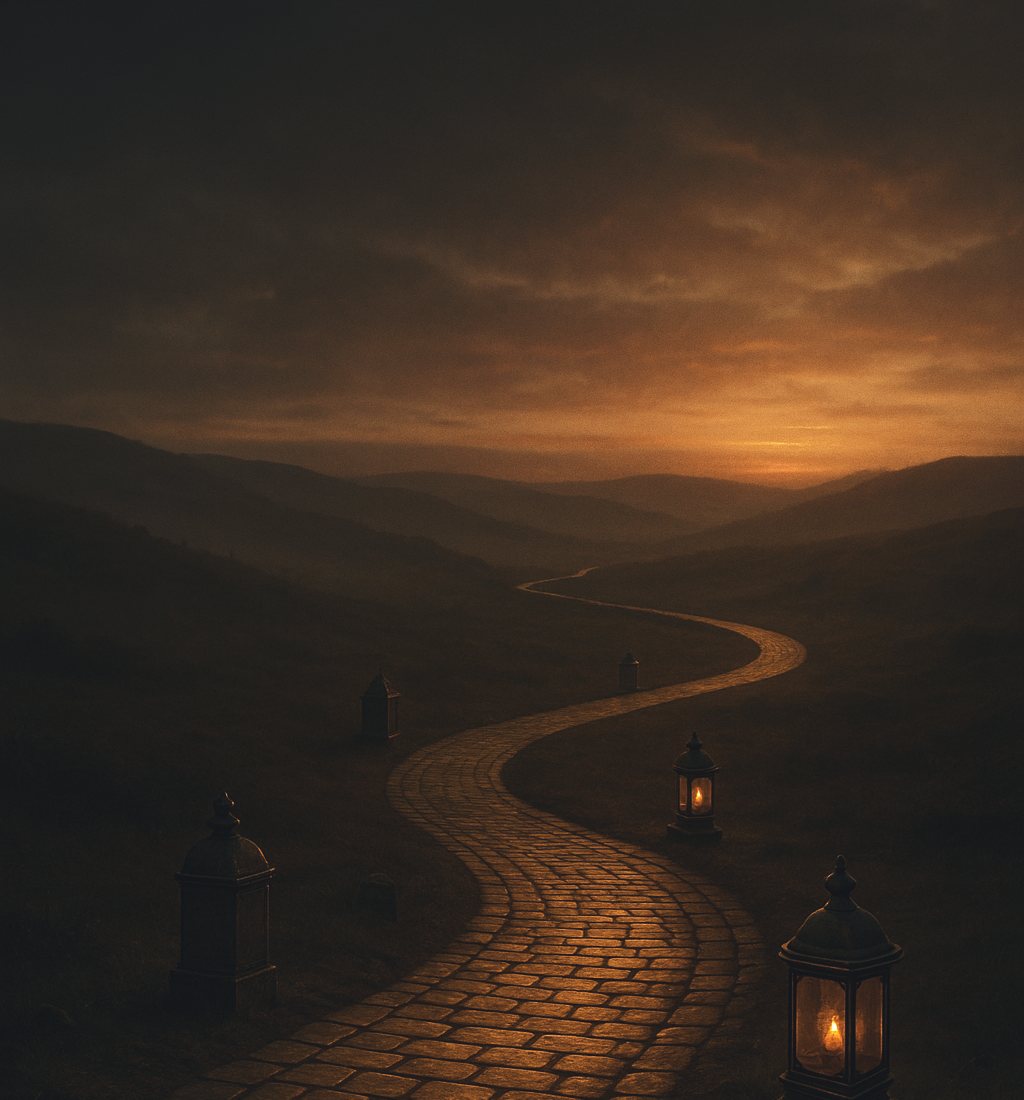 The dusk road climbing towards a lit horizon.