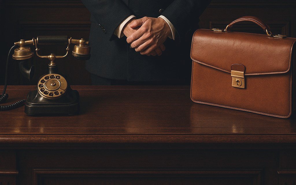 A vintage telephone and leather briefcase on the lamplit concierge desk.