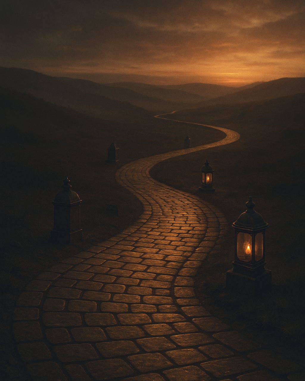 A lamplit cobbled road at dusk, winding through dark hills towards a warm horizon.