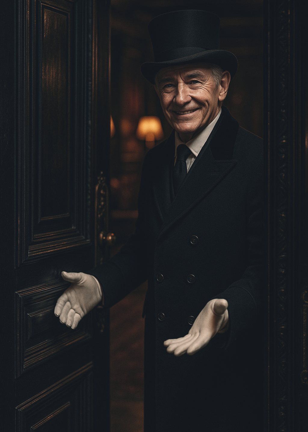 The doorman holding the great door open, hand outstretched in welcome.
