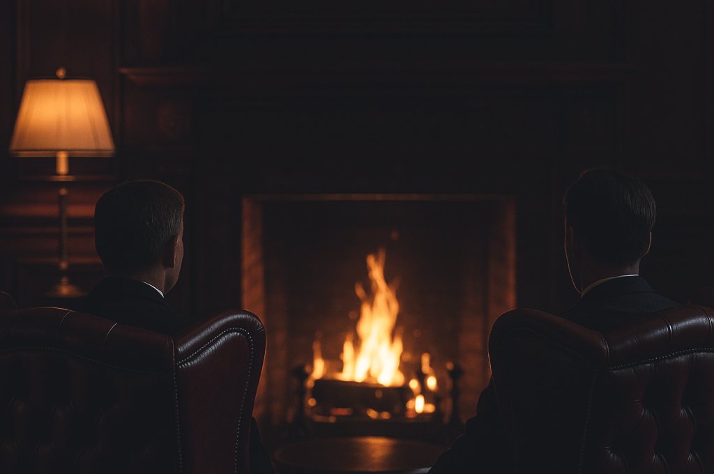 The Lounge hearth — a fire burning between two leather wing chairs.