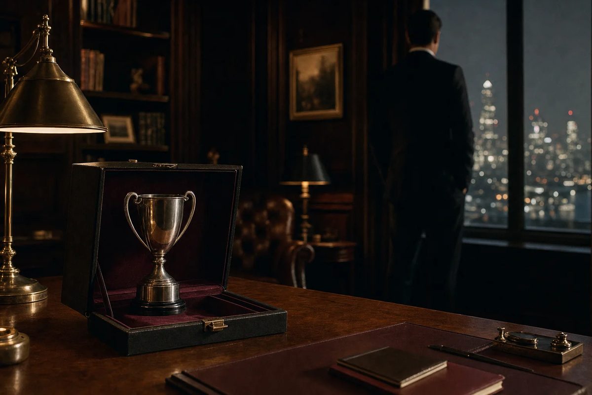 A silver trophy still in its open box on an oak desk under a brass lamp, and beyond it a man seen from behind at an office window, looking out at the city at night.