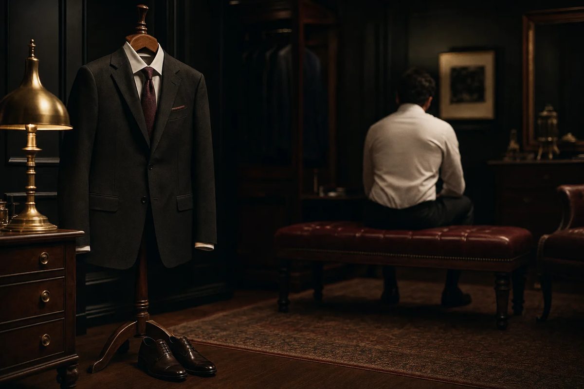 A suit jacket and tie hanging on a wooden valet stand in a lamplit dressing room, and beyond it, in soft focus, a man in shirtsleeves seen from behind, sitting on a leather bench.