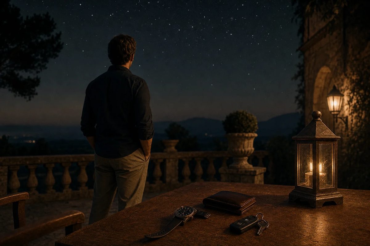 A man seen from behind on a terrace at night, hands in his pockets, looking up at a sky full of stars, his watch, wallet and car keys left on a lantern-lit table behind him.
