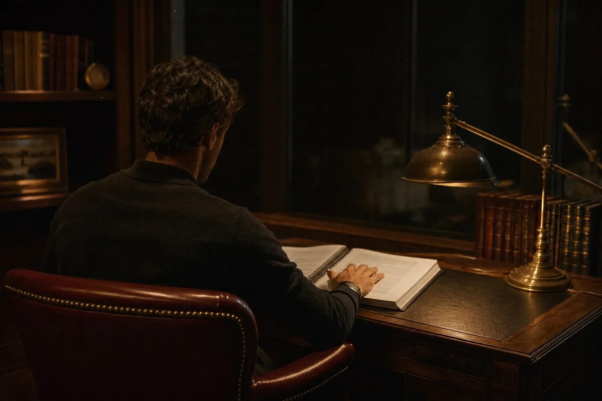 A man seen from behind at an oak desk late at night, reading a thick spiral-bound manual under a brass lamp, one hand resting flat on the open page.