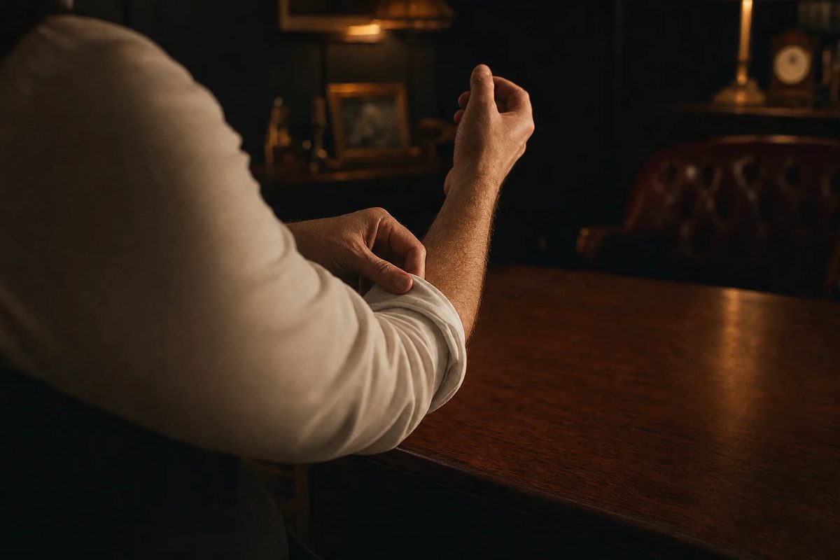 A man seen from over his shoulder in amber lamplight, rolling his shirtsleeve up to the elbow in front of a bare oak table.