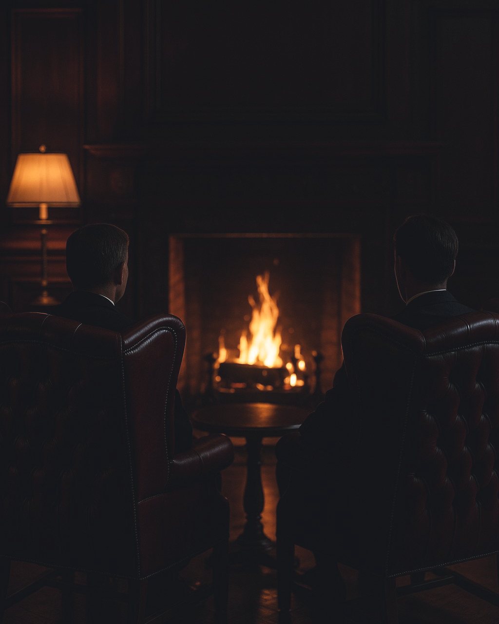 A fire burning in the hearth, two leather wing chairs turned towards it.