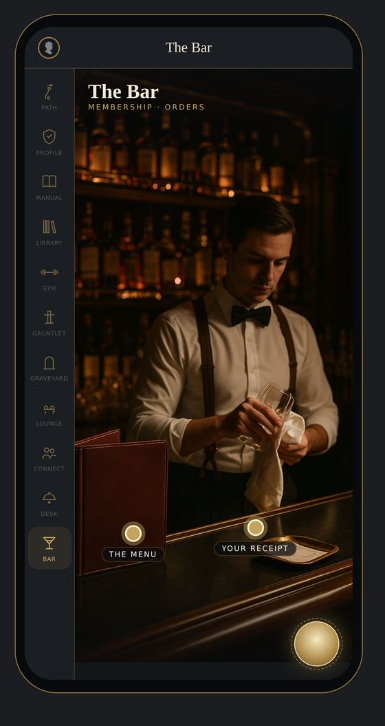 The Bar on a phone: a barman in shirtsleeves and bow tie polishing a glass before shelved bottles, a leather menu resting on the bar.