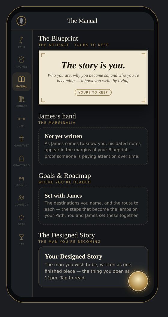 The Manual on a phone: a parchment plate with brass corner marks reading The story is you.