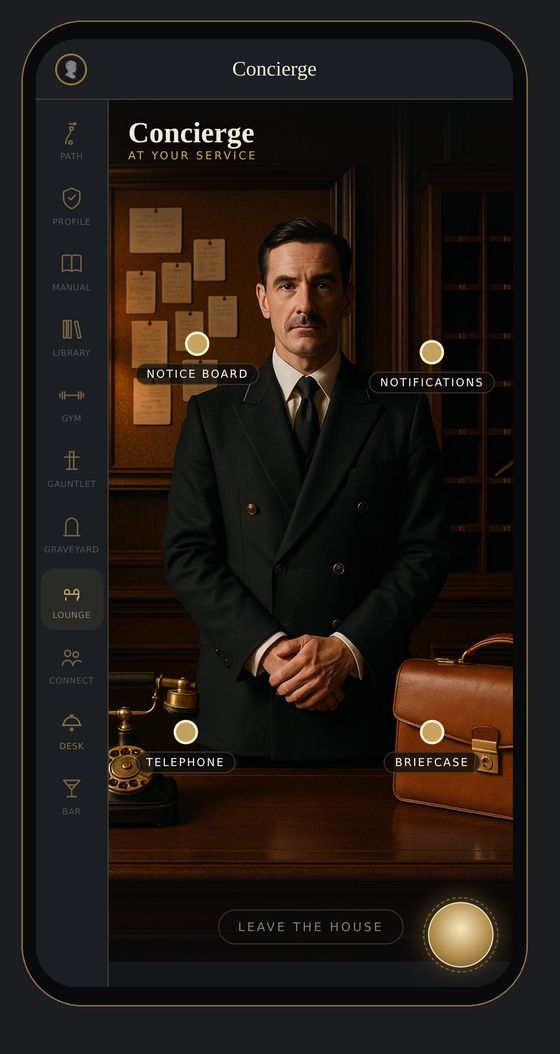 The Concierge on a phone: a concierge in a dark double-breasted coat standing at his desk between a vintage telephone and a leather briefcase, a notice board behind him.