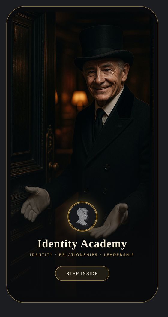 The Keep on a phone: the doorman in top hat and gloves holding the great oak door open, hands outstretched in welcome above the words Identity Academy.