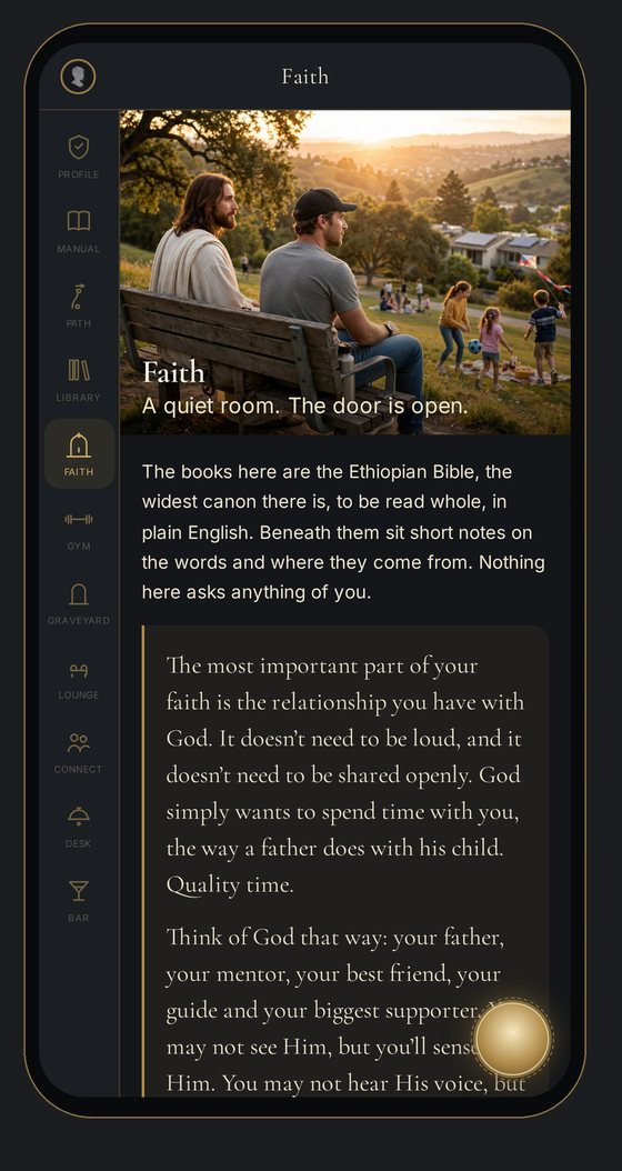 Faith on a phone: a man sitting on a hillside bench at sunset beside Jesus, families and children on the grass below, above the words A quiet room. The door is open.