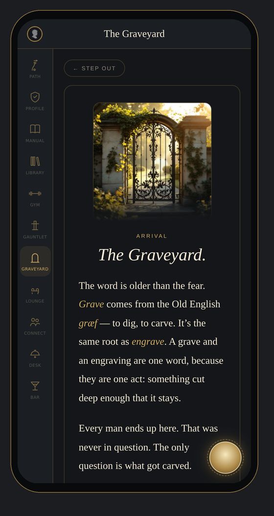 The Graveyard on a phone: a wrought-iron gate in golden light at the top of the hill, above the room's opening words.