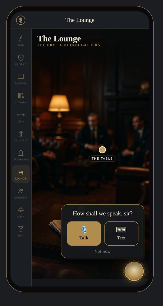 James on a phone: the Lounge behind, and in front the quiet question How shall we speak, sir? with Talk and Text side by side.