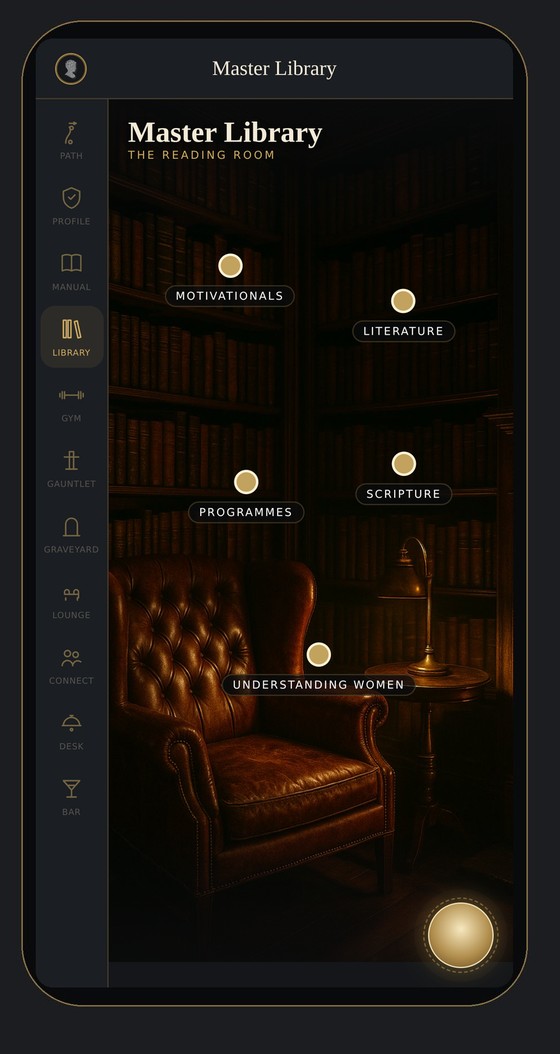 The Master Library on a phone: a deep leather wing chair and a brass reading lamp before shelves of old books.